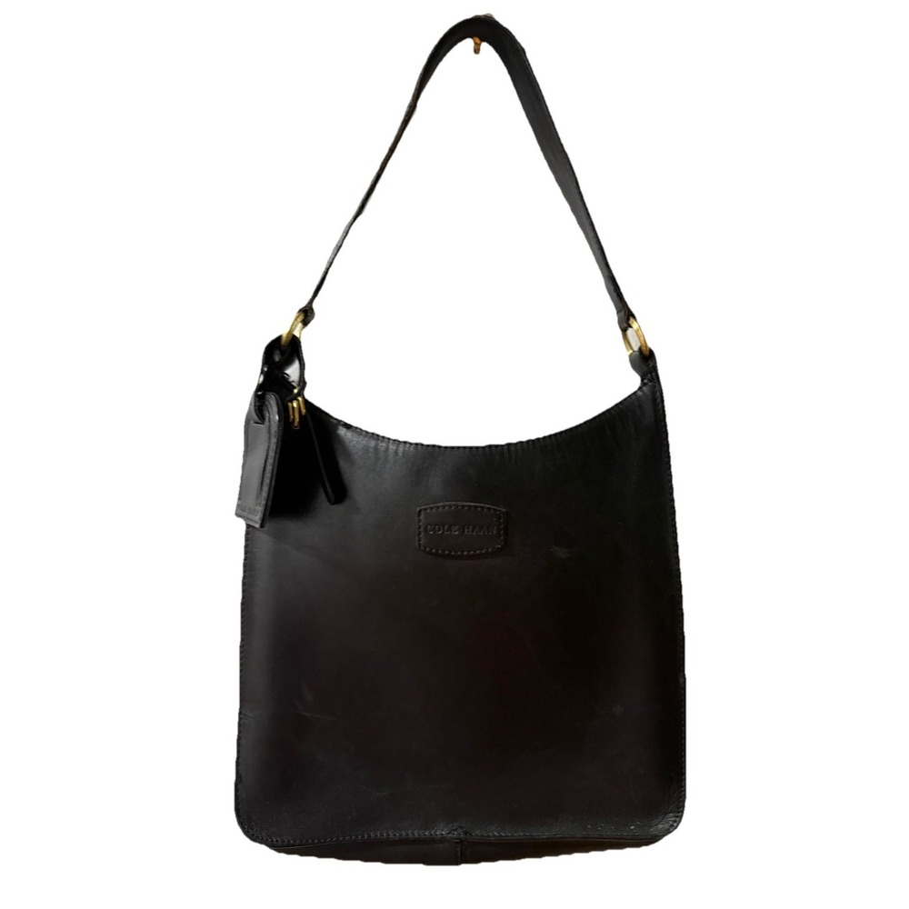 Cole Haan Black Leather minimalist hobo bucket Bag Purse snap Closure Vintage